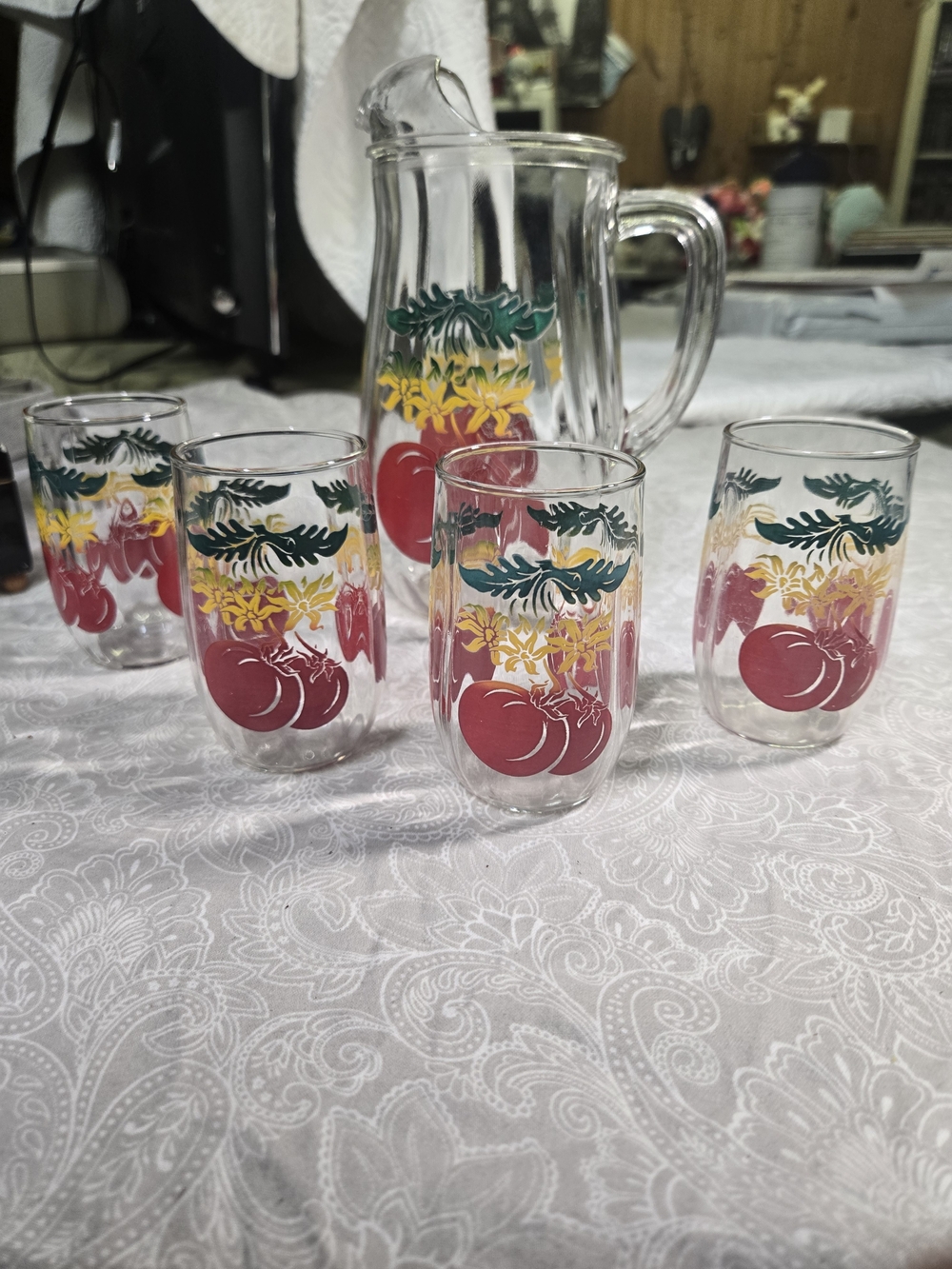 Bartlett Collins Optic Glass Pitcher and Juice Glasses Tomatoes 1950s